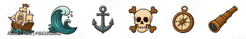 Detailed set of six pirate adventure icons including a wooden ship, sea wave, anchor, skull and crossbones, compass, and telescope in a fun cartoon style