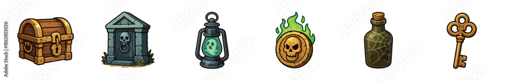 Obraz premium Set of cartoon fantasy game icons featuring a treasure chest, tombstone, haunted lantern, cursed coin, old bottle, and a golden key for an adventure or quest