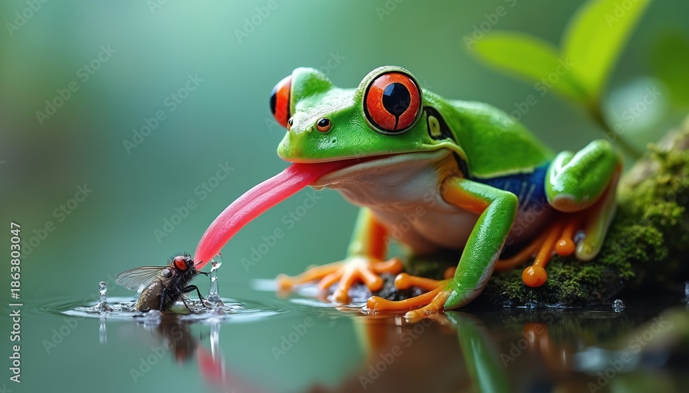 Obraz premium Green tree frog extends bright pink tongue to catch a fly hovering on water surface. Amphibian waits for prey in shallow pond, nature wildlife scene.