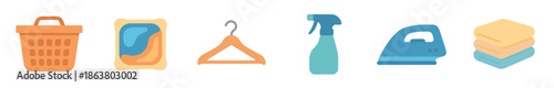 Set of colorful laundry icons including a basket, detergent pod, hanger, spray bottle, iron, and folded towels in a flat vector illustration style for household chores