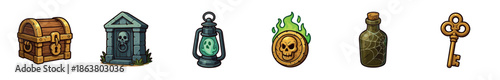 Set of cartoon fantasy game icons featuring a treasure chest, tombstone, haunted lantern, cursed coin, old bottle, and a golden key for an adventure or quest