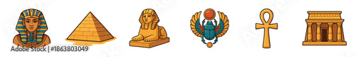 Set of ancient Egyptian icons including a pharaoh mask, pyramid, sphinx, scarab, ankh, and temple in a colorful cartoon illustration style