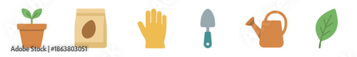 Set of six flat design gardening icons including a seedling in a pot, seed packet, glove, trowel, watering can, and leaf, representing horticulture and planting activities