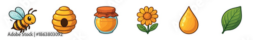 Set of six colorful honey icons featuring a cute bee, beehive, honey pot, sunflower, golden drop, and green leaf in a simple, clean cartoon illustration style