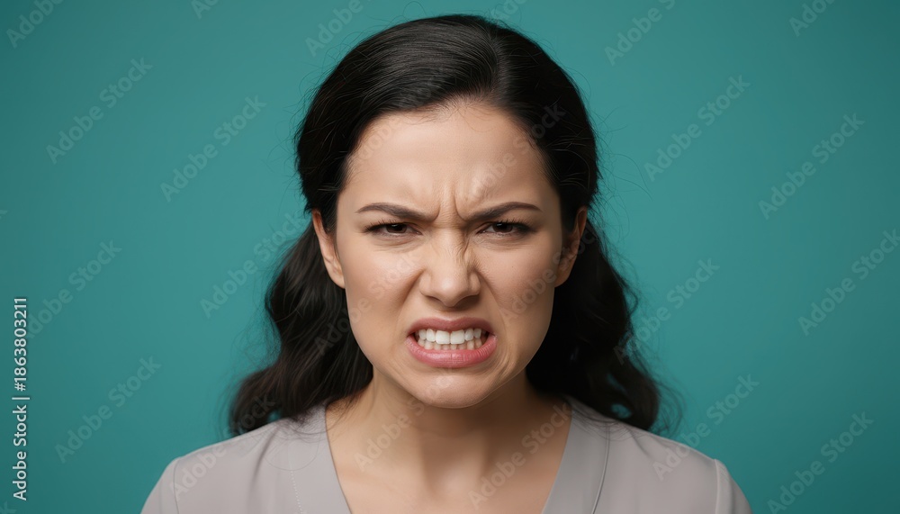 Fototapeta premium Furious Young Woman Baring Teeth with Angry and Aggressive Facial Expression on Teal Background