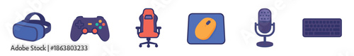 Set of colorful gaming equipment icons including a VR headset, gamepad, chair, mouse, microphone, and keyboard in a flat cartoon illustration style for esports and streaming concepts
