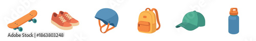 Collection of colorful skateboarding equipment icons including a skateboard, sneakers, helmet, backpack, cap, and water bottle in a flat cartoon vector illustration style for active lifestyle concepts