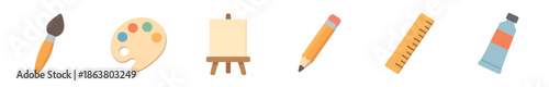 Set of six art and school supply icons including a paintbrush, palette, easel, pencil, ruler, and paint tube, rendered in a simple flat design vector illustration
