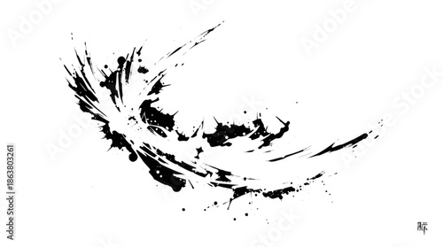 Dynamic black ink splash on a white background, resembling an abstract brushstroke or a stylized wing, with a calligraphic and expressive quality.