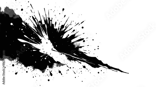 Dynamic black ink splash exploding and trailing across a clean white background.