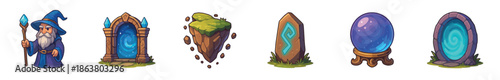 Collection of colorful fantasy game icons featuring a wizard with a staff, two magical portals, a floating island, a glowing runestone, and a mystical crystal ball