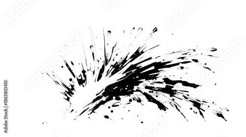 Black ink splatter with dynamic radiating streaks and droplets on a clean white background, creating an abstract and explosive visual effect.