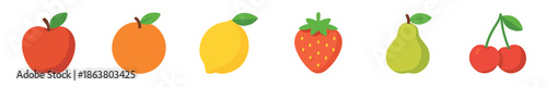 Colorful set of six fruit icons including an apple, orange, lemon, strawberry, pear, and cherry in a simple flat vector illustration style for healthy food concepts