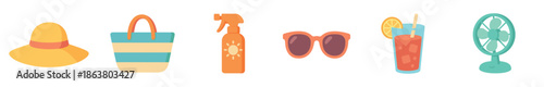 Collection of colorful summer vacation items including a sun hat, beach bag, sunscreen, sunglasses, iced drink, and fan, presented as a flat design vector illustration set