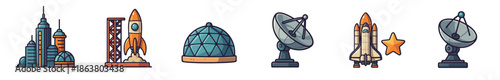 Set of space exploration icons featuring a rocket launch, space shuttle, satellite dish, futuristic city, and geodesic dome in a colorful cartoon illustration style with bold outlines