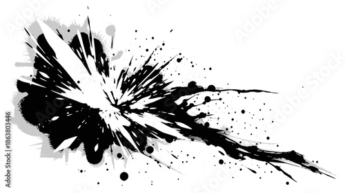Dynamic black ink splash exploding outwards with numerous splatters and drips on a stark white background, creating an abstract and energetic visual.