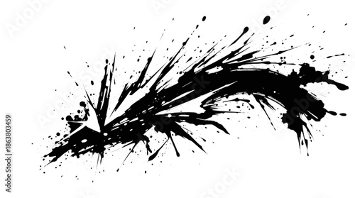 A dynamic black and white abstract ink splatter with sharp, jagged edges and an explosive, chaotic appearance.