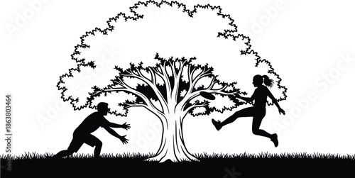 Silhouette interaction, tree scene, playful motion, expressive gesture, jumping pose, crouching figure, nature moment, black vector, emotional contrast, outdoor illustration