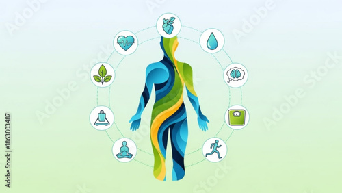 Wellness and healthy lifestyle concept with human figure surrounded by icons representing fitness, nutrition, and mindfulness for a balanced life
