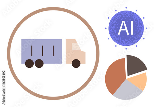 Logistics automation, artificial intelligence, data analysis, supply chain, transportation, technology. Truck in circle, AI symbol pie chart. Logistics automation and AI concepts