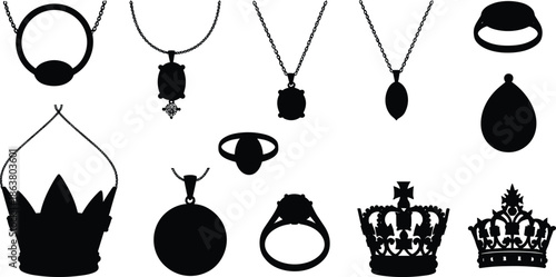 Silhouette jewelry icons, crown vector set, black necklace ring pendant clipart, royal accessories, fashion elements, luxury design, white background