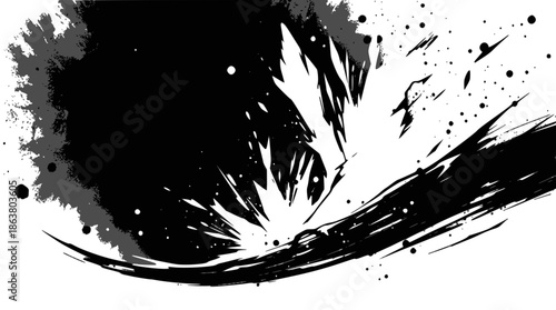 Dynamic black and white abstract illustration with explosive ink splatters and powerful brush strokes.