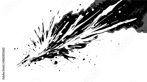 Dynamic black ink splash on a white background, creating an abstract and energetic burst with radiating droplets and a sense of motion.