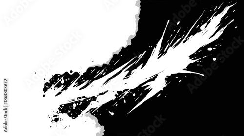A dynamic black and white abstract background with energetic paint splatters and brushstrokes creating a sharp contrast and a jagged division.