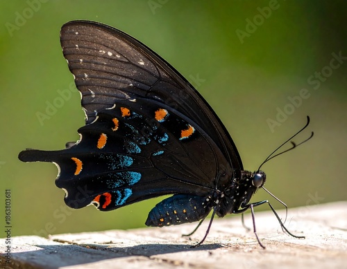 Black butterfly with vibrant blue, orange and red markings perched on wood
