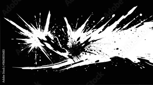 A dynamic abstract image featuring white ink splatters and streaks exploding across a dark black background, creating a sense of motion and impact.