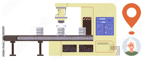 Industry innovation, automation, manufacturing, logistics, quality control, technology advancement. Conveyor belt with scanning machine and monitoring interface. Industry innovation and automation