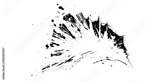 Dynamic black ink splash on white background with radiating splatter effect.