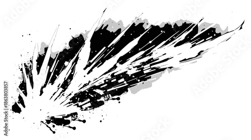 A dynamic black ink splatter with an explosive burst effect on a stark white background, creating an abstract grunge texture.