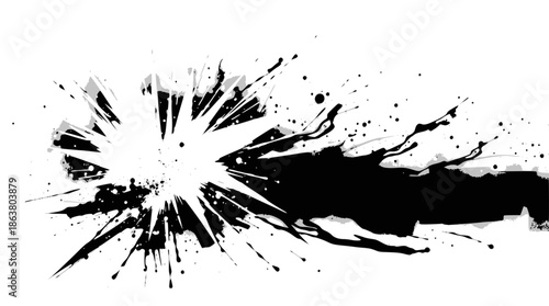 Dynamic black ink splash creating an explosive burst effect with radiating streaks on a white background.