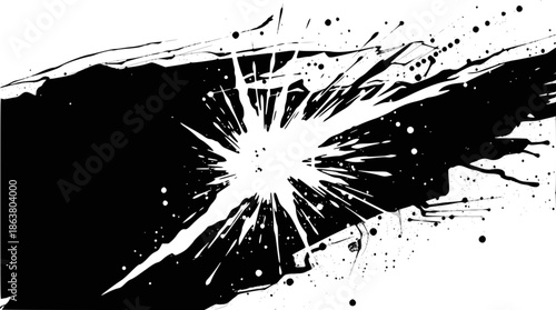 Dynamic black and white abstract ink splash with a central starburst explosion effect and scattered paint splatters.