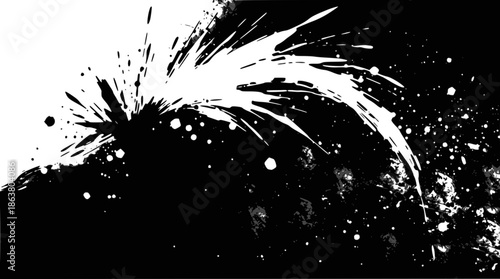 Dynamic black and white abstract design with explosive ink splatters and a swirling wave-like motion.