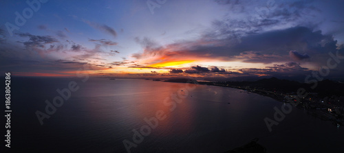 Aerial shot of Xinli Building in Shanwei Port, Shanwei City, Guangdong Province, captured at sunset