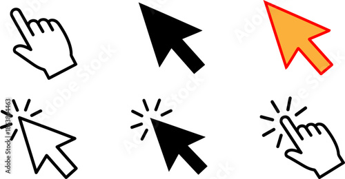 Mouse Cursor and Pointer Click Icon Set: Minimalist Vector Collection of Arrow Cursors and Hand Pointers for Web Navigation and UI Design.