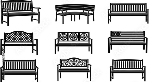 Set of park bench silhouettes including garden street and wooden outdoor furniture icons for public seating landscaping and urban park design