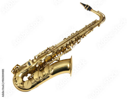 Gold brass saxophone lying diagonally against a white background for a luxurious musical instrument still life