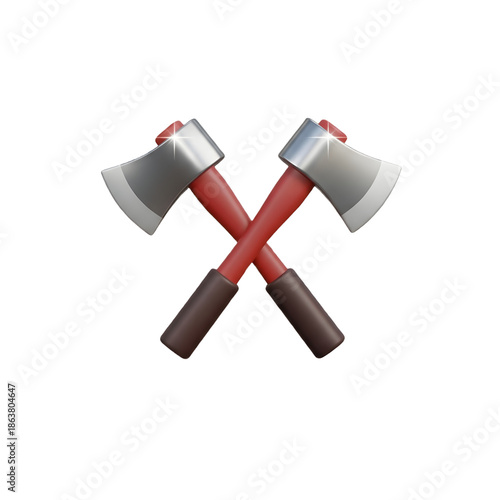 Crossed axes with red handles forming a symmetric cutting tool set.