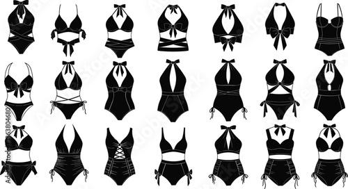 Set of vintage swimwear silhouettes, retro bikini and one piece swimsuit collection with bows and high waisted designs for fashion.