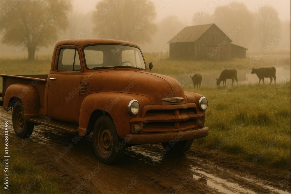 Fototapeta premium Rusty Pickup Farm Road