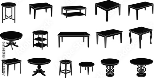 Set of wooden table silhouettes including dining coffee side and end tables for interior design furniture catalog and home decor