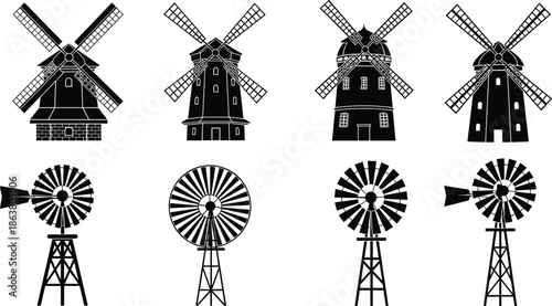 Set, of, windmill, silhouettes, traditional, Dutch, farm, wind, turbines, energy, icons, rural, landscape, elements, isolated, vector, illustrations, for, agricultural, design.