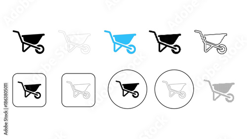Collection of wheelbarrow icons in various styles and colors