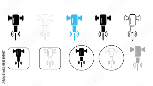 Set of jackhammer icons in various styles and colors