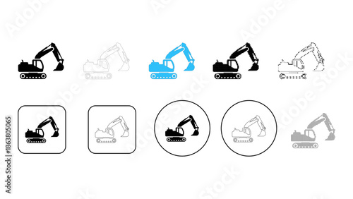 Set of excavator icons in various styles and colors