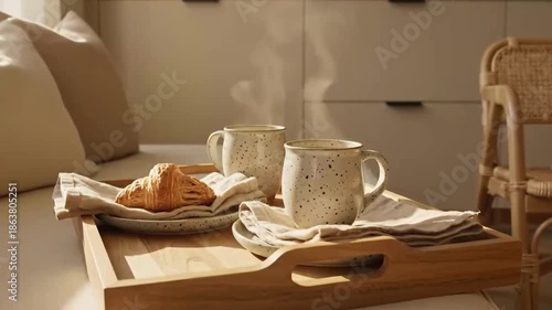Cozy Morning Still Life Croissant And Steaming Beverage On Wooden Tray In Natural Light Interior
