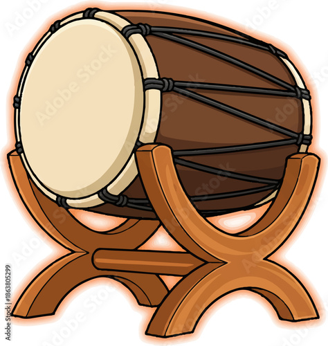 Traditional wooden drum on stand